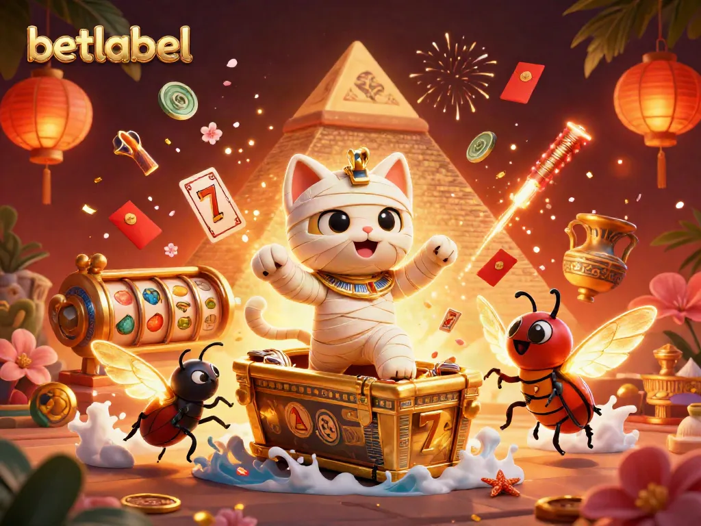Play exciting games at betlabel with a vivid illustration of a mummy cat and glowing scarab in a casino