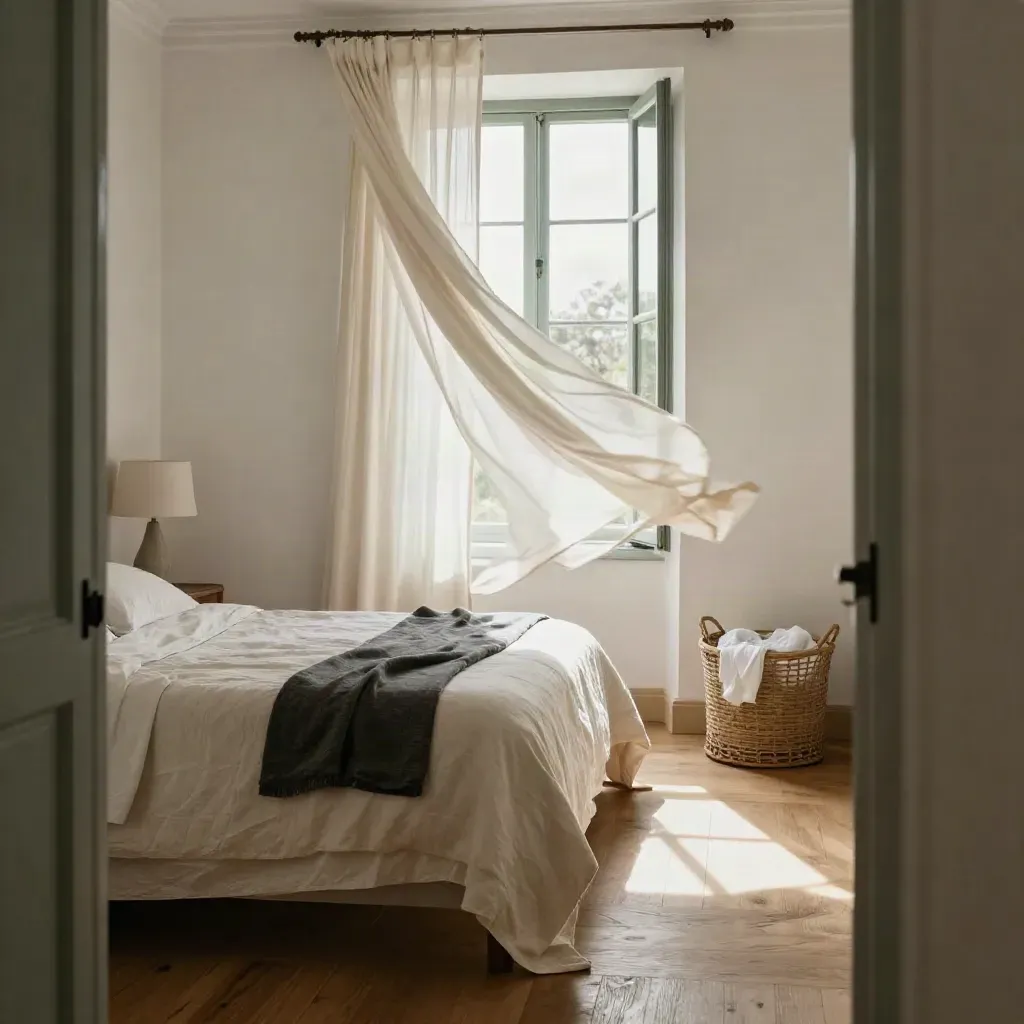 Dormitorio abierto con cama de lino, cortinas al viento, cesto de ropa y ventana abierta al mediodía.