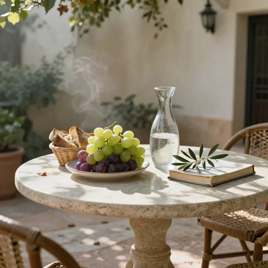 Patio interior con uvas, pan, jarra de agua y sombras de parra en una tarde cálida.
