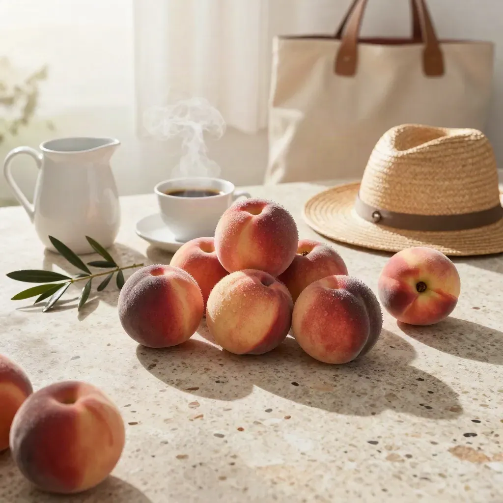 Mesa de desayuno mediterráneo con melocotones, café, olivo y sombrero sobre travertino.
