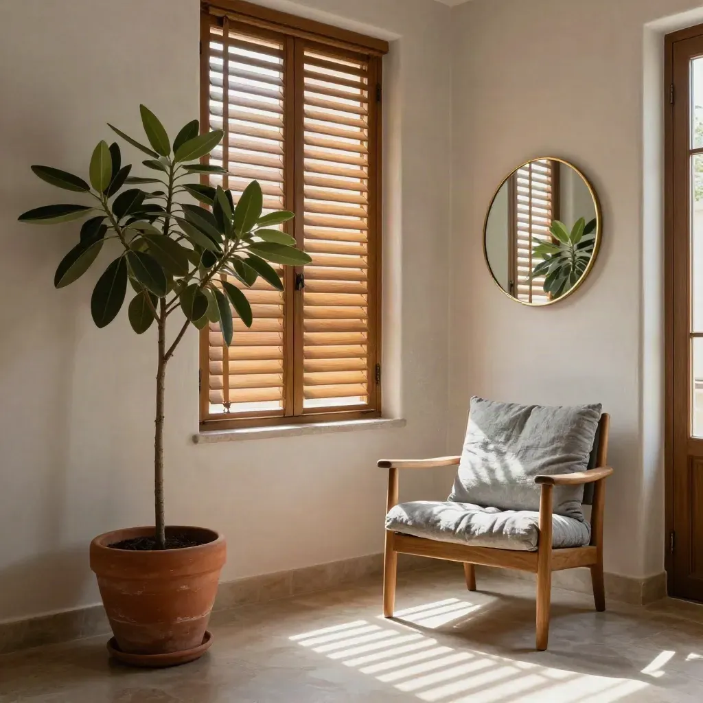 Salón alto con persianas, ficus, espejo redondo y silla de madera al sol del mediodía.