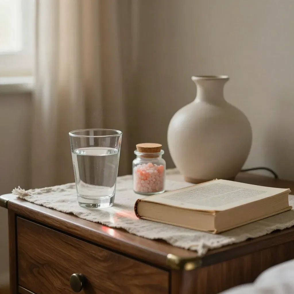 Mesita de noche con vaso de agua, sales, libro cerrado y lámpara baja en penumbra