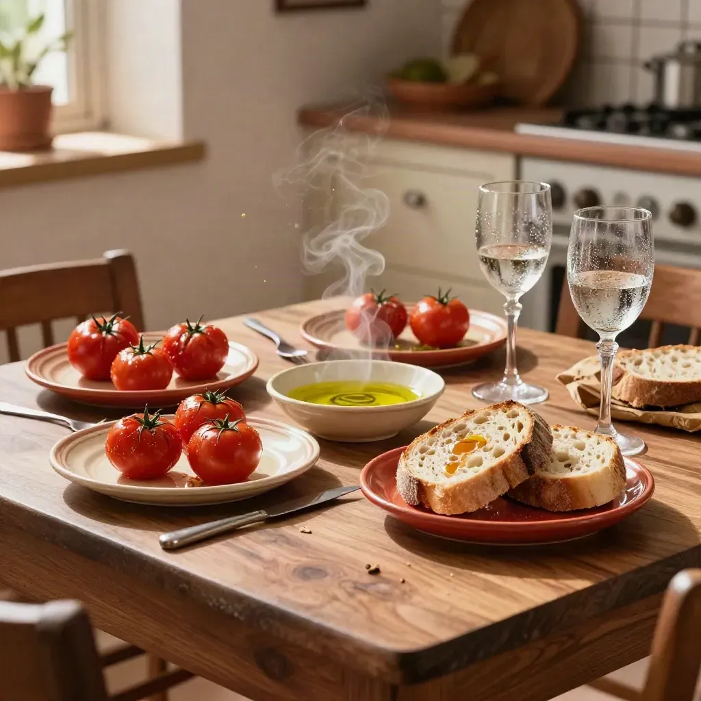 Mesa mediterránea con platos de cerámica, pan, tomates y vapor en cocina luminosa.