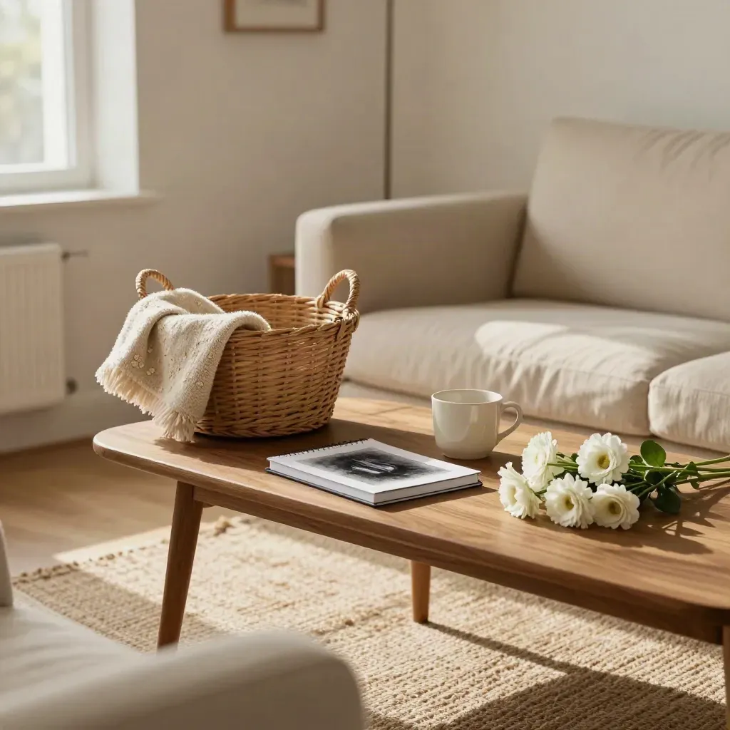 Zona de estar dominguera con cesta, manta doblada, cuaderno, taza y flores junto a la ventana.