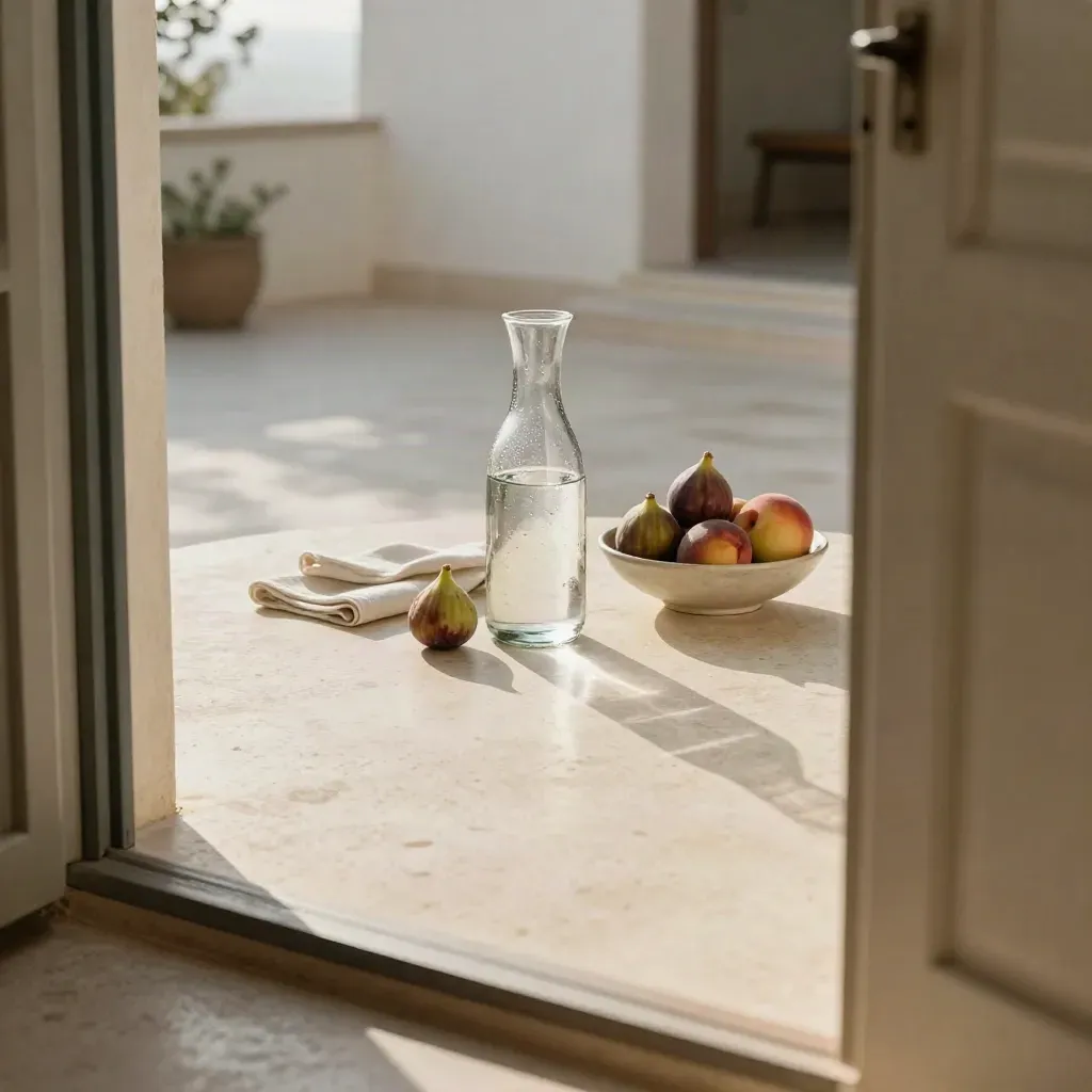 Terraza mediterránea blanca con jarra de agua, fruta y sombras de persiana al atardecer.