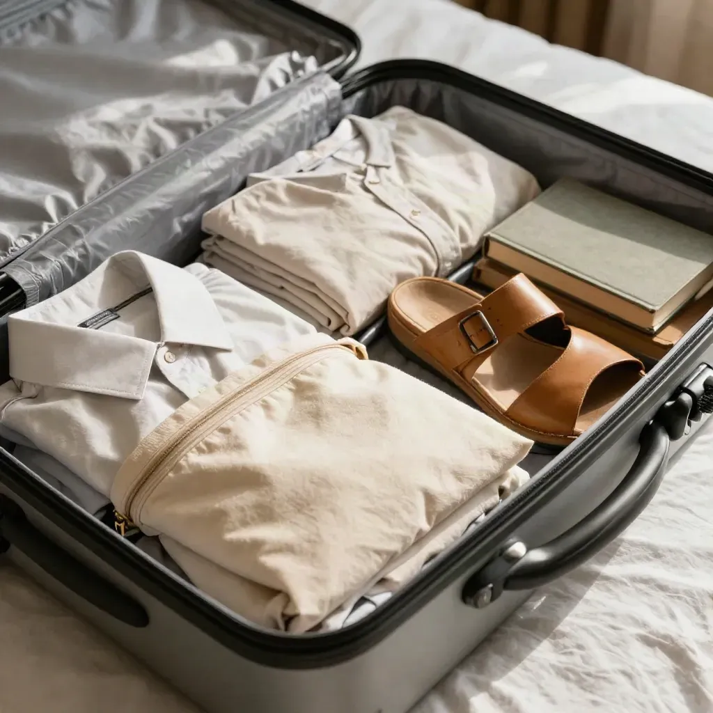 Maleta abierta sobre la cama con ropa enrollada, neceser, sandalias y un libro, en luz de mañana.