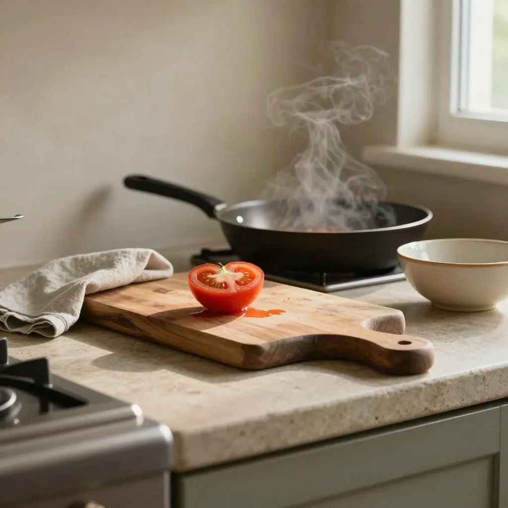 Cocina cálida con sartén humeante, tomate partido, tabla de cortar y paño de lino.