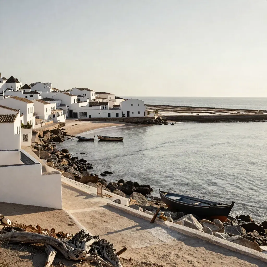 Costa andaluza con casas blancas, barcas y salinas junto al mar en marea baja.