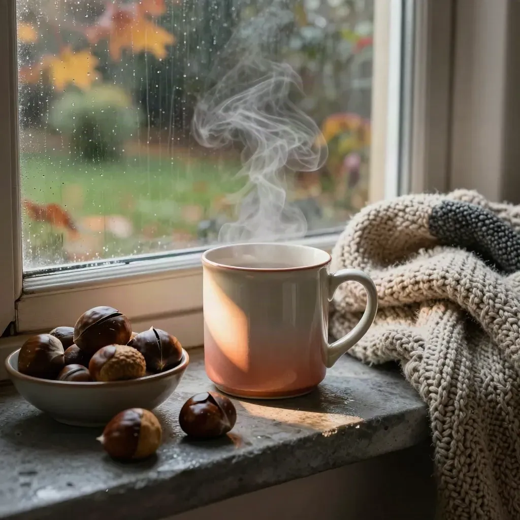 Ventana otoñal con taza humeante, jersey de punto, castañas y manta junto a la lluvia.