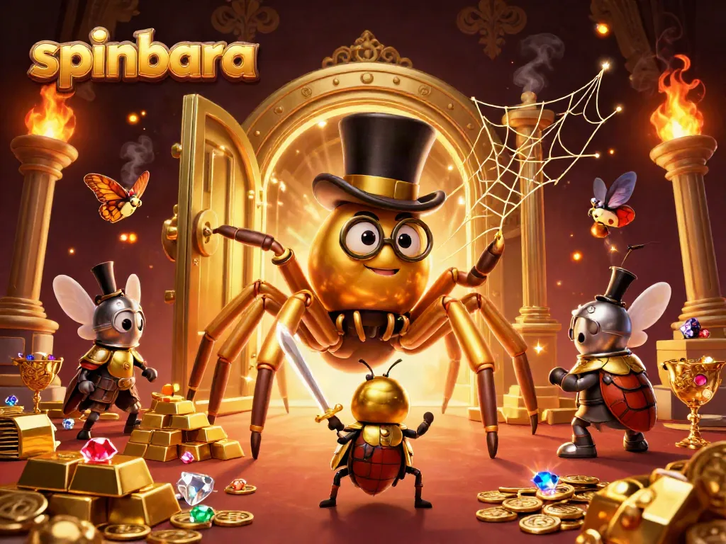Spinbara casino showcases a giant golden tarantula and beetle knight amidst treasures.