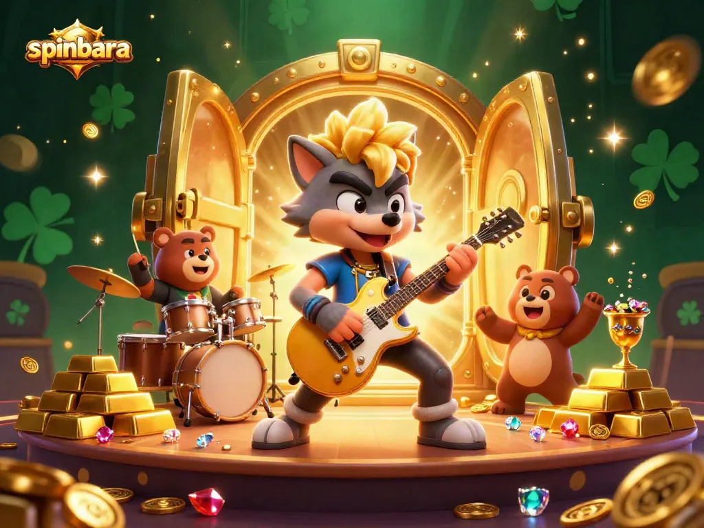 Experience thrilling games at Spinbara with a wolf rock star and treasure-filled casino stage.