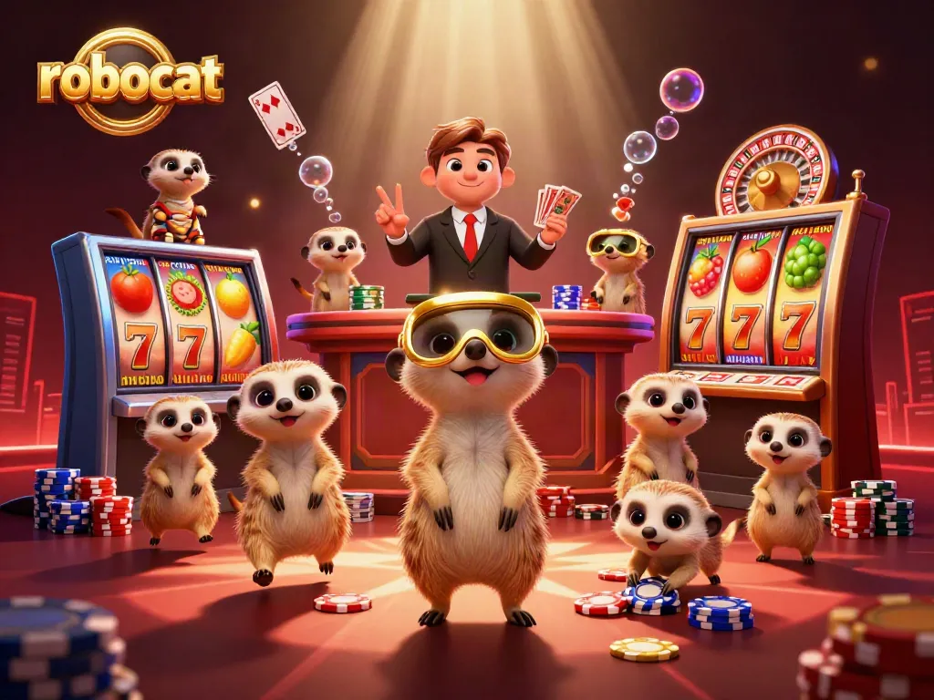 robocat casino meerkats creating a dynamic gaming scene with slots and playing cards