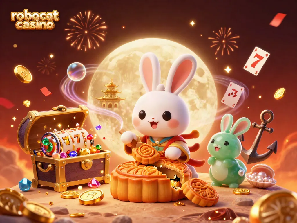 Experience the excitement of robocat casino with a vibrant 3D illustration of a moon rabbit and gaming elements.